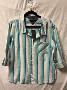Tommy Hilfiger Women's Striped Button-Down Shirt in Aqua, Teal & White